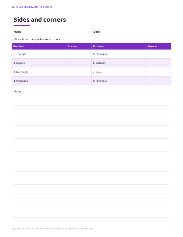 Preview of Sides and Corners Worksheet
